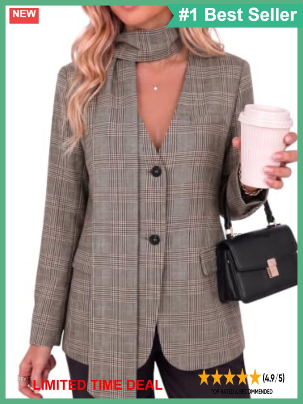 Plaid V-Neck Button Down Blazer Long Sleeve Collarless Scarf Polyester Blend